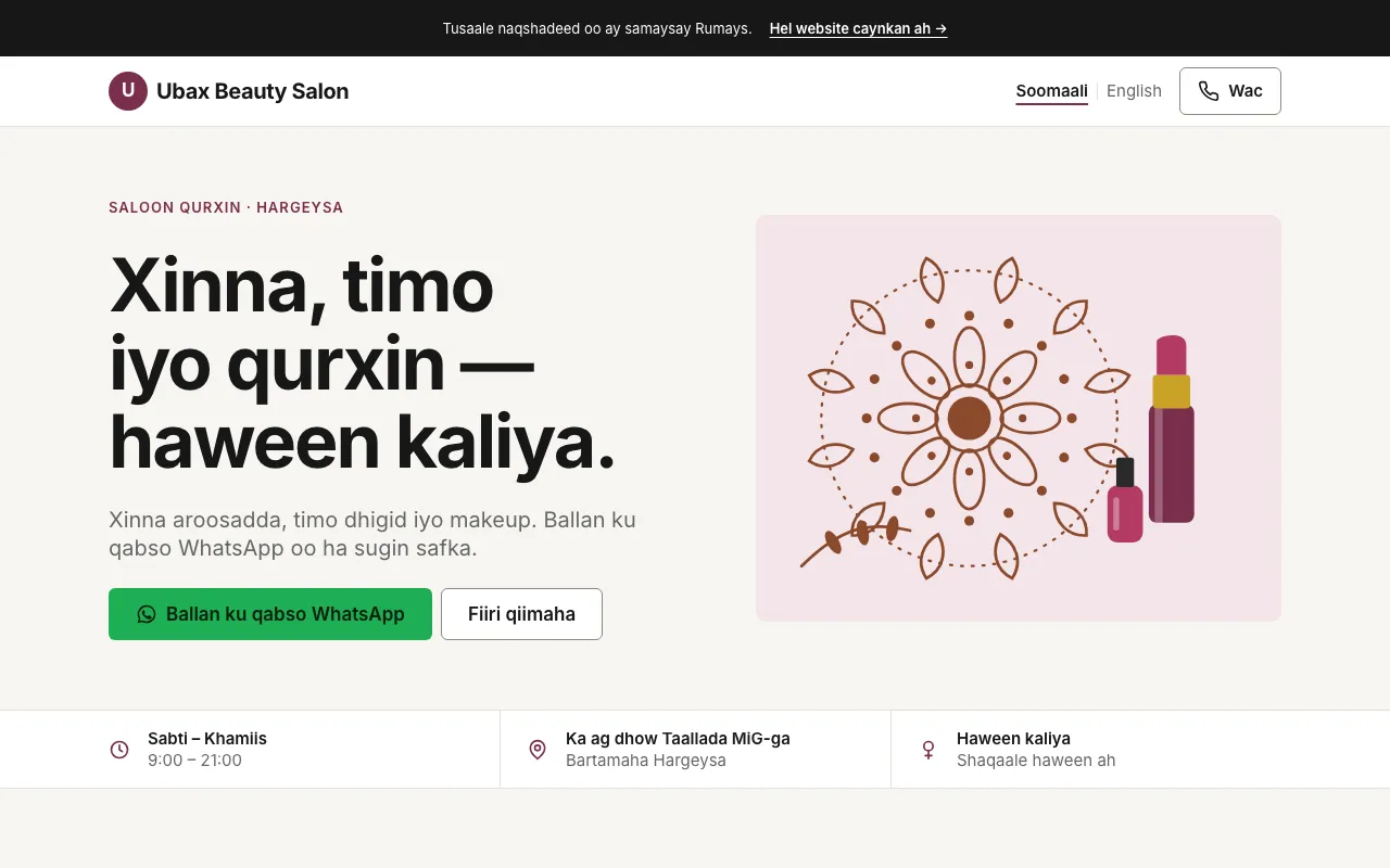 Tusaale naqshad website Saloon qurxin · Hargeysa: Ubax Beauty Salon